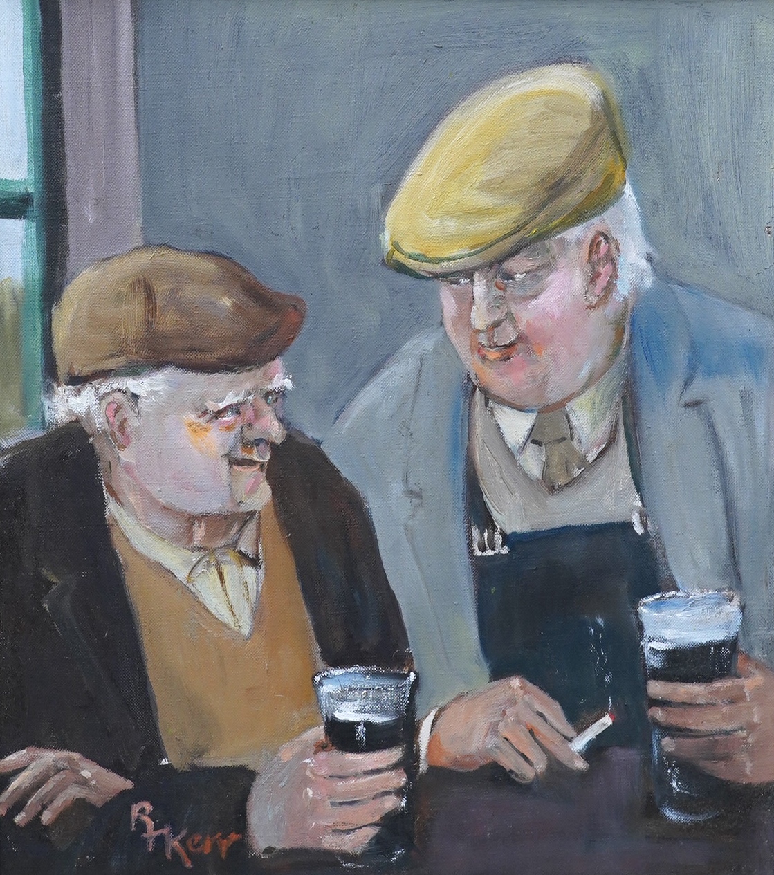 R Kerr (Irish), oil on canvas, Study of two figures drinking, signed, 39.5 x 34.5cm. Condition - good